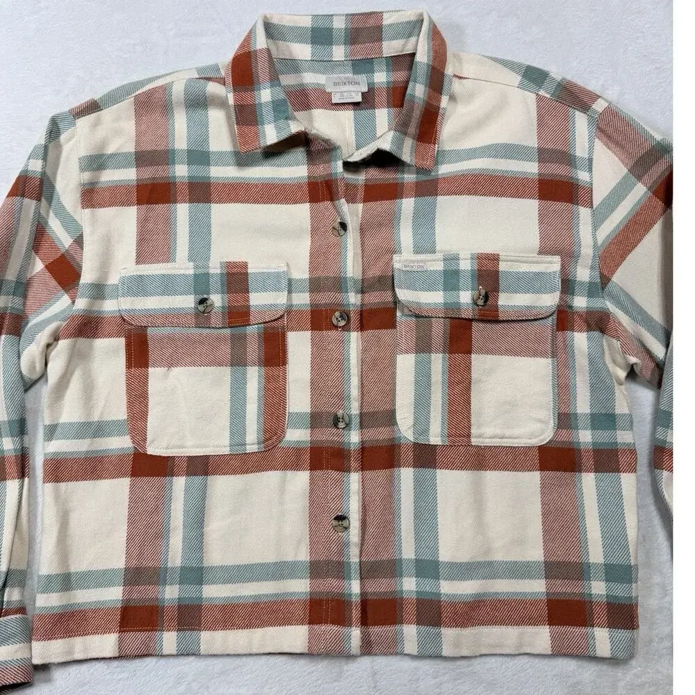 Brixton Bowery Cropped Flannel Shirt Plaid Terracotta White Smoke Womens Sz L